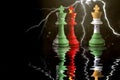 Pakistan, china and india flags paint over on chess king. 3D illustration pakistan and china vs india crisis