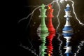Pakistan, china and israel flags paint over on chess king. 3D illustration pakistan and china vs israel crisis