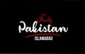Pakistan country on black background with red love heart and its capital Islamabad