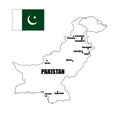 Pakistan country blank outline vector map with major cities on isolated white background and pin for travel, Asia, and geography c