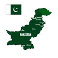 Pakistan country green flag vector map with major cities on isolated white background and pin for travel, Asia, and geography con