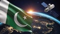 Pakistan flag waving with satellite orbiting earth at sunrise Royalty Free Stock Photo
