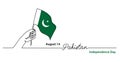 Pakistan independence day simple web banner, background with flag and hand. One continuous line drawing with lettering