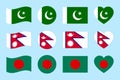 Pakistan, Nepal, Bangladesh flags. vector illustration. Pakistanian, Nepalese, Bengali states official flags symbols set