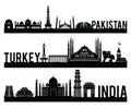 Pakistan Turkey India famous landmark silhouette style with black and white classic color design include by country name