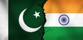 Pakistan Vs India Flag with Crack as a sign of Conflict between two south Asian Countries. Modern war concept backdrop