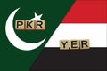 Pakistan and Yemen currencies codes on national flags background