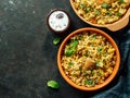 Pakistani chicken biryani rice, topview copy space