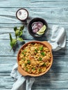 Pakistani chicken biryani rice, top view, copy space