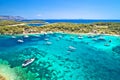 Pakleni otoci Marinkovac island turquoise bay yachting destination aerial view, Hvar island