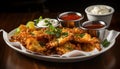 Pakora with chutney on white plate generative AI