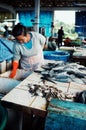 woman fish and frogs at the local village market