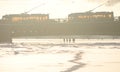 The Palace bridge and the frozen Neva river.