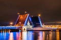 The Palace Bridge and the Kunstkamera Museum at night on the Neva River In St. Petersburg. Royalty Free Stock Photo