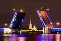 The Palace Bridge and the Peter and Paul Fortress at night on the Neva River in Saint- Petersburg. Royalty Free Stock Photo