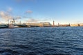 Palace Bridge and Vasilyevsky island Spit Strelka with Rostral columns. Saint Petersburg, Russia Royalty Free Stock Photo