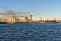 Palace Bridge and Vasilyevsky island Spit Strelka with Rostral columns. Saint Petersburg, Russia Royalty Free Stock Photo