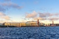 Palace Bridge and Vasilyevsky island Spit Strelka with Rostral columns. Saint Petersburg, Russia