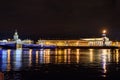 Palace Bridge and Vasilyevsky island Spit Strelka with Rostral columns at night. Saint Petersburg, Russia Royalty Free Stock Photo