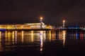 Palace Bridge and Vasilyevsky island Spit Strelka with Rostral columns at night. Saint Petersburg, Russia Royalty Free Stock Photo