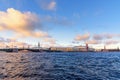 Palace Bridge and Vasilyevsky island Spit Strelka with Rostral columns. Saint Petersburg, Russia Royalty Free Stock Photo