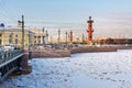 Palace Bridge and Vasilyevsky island Spit Strelka with Rostral columns in winter. Saint Petersburg, Russia