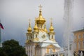 Palace church of Saints Peter and Paul in Peterhof. Cloudy, rainy weather in Peterhof.