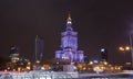 Palace of Culture and Science in the city center of Warsaw at night, Poland.