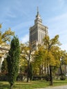 Palace of Culture and Science PKiN on a sunny autumn day in center of Warsaw, Poland. Clock tower of tallest building in Poland