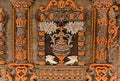 Palace facade on painted textile piece, carpet from 17th century with coral beads on silk