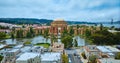 Palace of Fine Arts open rotunda and colonnade around lagoon aerial Roman ruins vibe in city