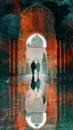 Palace gate, ornate design, grand entrance, close up, striking colors, Double exposure silhouette with gate patterns
