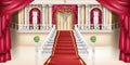 Palace interior vector background, luxury castle room, royal ballroom hall, arch window, red curtain. Royalty Free Stock Photo