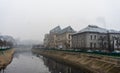 Palace of Justice building Palatul Justitiei early in the morning. View over Dambovita river in Bucharest, Romania, 2020 Royalty Free Stock Photo