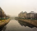 Palace of Justice building Palatul Justitiei early in the morning. View over Dambovita river in Bucharest, Romania, 2020 Royalty Free Stock Photo