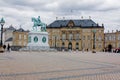 Palace with a monumental equestrian statue of Amalienborg`s founder, King Frederik V, Copenhagen, Denmark