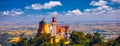 Palace of Pena in Sintra. Lisbon, Portugal. Travel Europe, holidays in Portugal. Panoramic View Of Pena Palace, Sintra, Portugal. Royalty Free Stock Photo