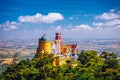 Palace of Pena in Sintra. Lisbon, Portugal. Travel Europe, holidays in Portugal. Panoramic View Of Pena Palace, Sintra, Portugal. Royalty Free Stock Photo