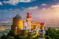 Palace of Pena in Sintra. Lisbon, Portugal. Travel Europe, holidays in Portugal. Panoramic View Of Pena Palace, Sintra, Portugal. Royalty Free Stock Photo