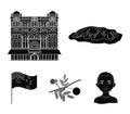 The palace of Queen Victoria, Mount Uluru, a flower of a mimosa, a national flag.Australia set collection icons in black