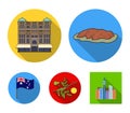 The palace of Queen Victoria, Mount Uluru, a flower of a mimosa, a national flag.Australia set collection icons in flat