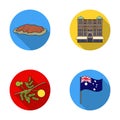 The palace of Queen Victoria, Mount Uluru, a flower of a mimosa, a national flag.Australia set collection icons in flat