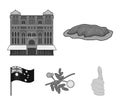 The palace of Queen Victoria, Mount Uluru, a flower of a mimosa, a national flag.Australia set collection icons in