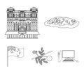 The palace of Queen Victoria, Mount Uluru, a flower of a mimosa, a national flag.Australia set collection icons in