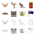 The palace of Queen Victoria, Mount Uluru, a flower of a mimosa, a national flag.Australia set collection icons in