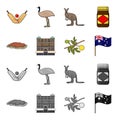 The palace of Queen Victoria, Mount Uluru, a flower of a mimosa, a national flag.Australia set collection icons in