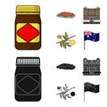 The palace of Queen Victoria, Mount Uluru, a flower of a mimosa, a national flag.Australia set collection icons in