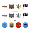 The palace of Queen Victoria, Mount Uluru, a flower of a mimosa, a national flag.Australia set collection icons in