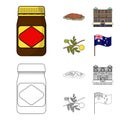 The palace of Queen Victoria, Mount Uluru, a flower of a mimosa, a national flag.Australia set collection icons in