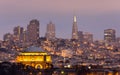 Palace of Fine Arts stands out with San Francisco Downtown background. Royalty Free Stock Photo